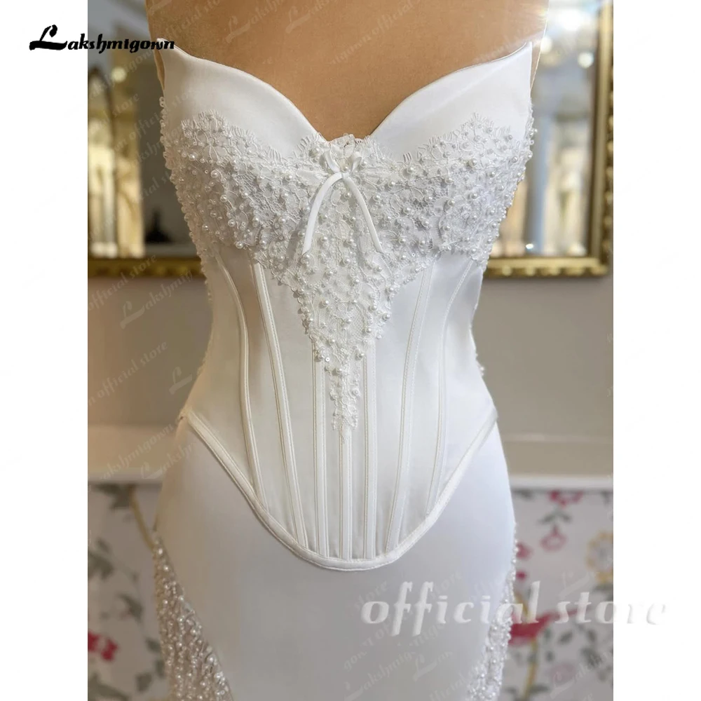 Lakshmigown Sexy Meerjungfrauen-Hochzeitskleider Trägerlos Matt-Satin Vestido De Novia Spitze Perlenbesatz Robe De Mariee Maßanfertigung – Detail 6