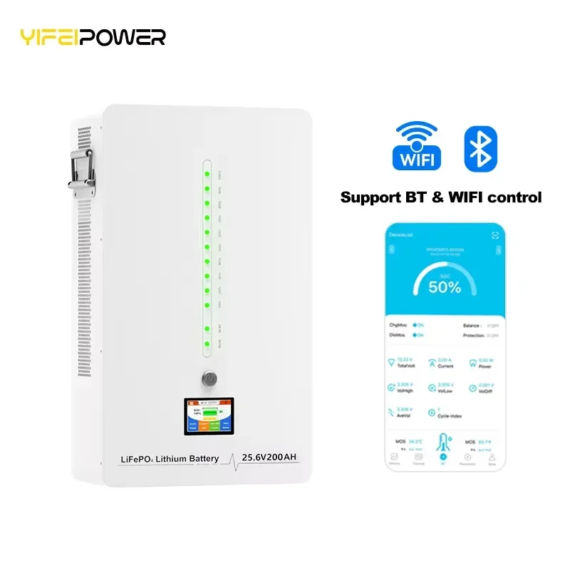 5kW LED Lithium Ion Battery Pack Stackable 25.6V 200Ah LiFePO4 5.12kWh Home Solar Energy Storage Split Type
