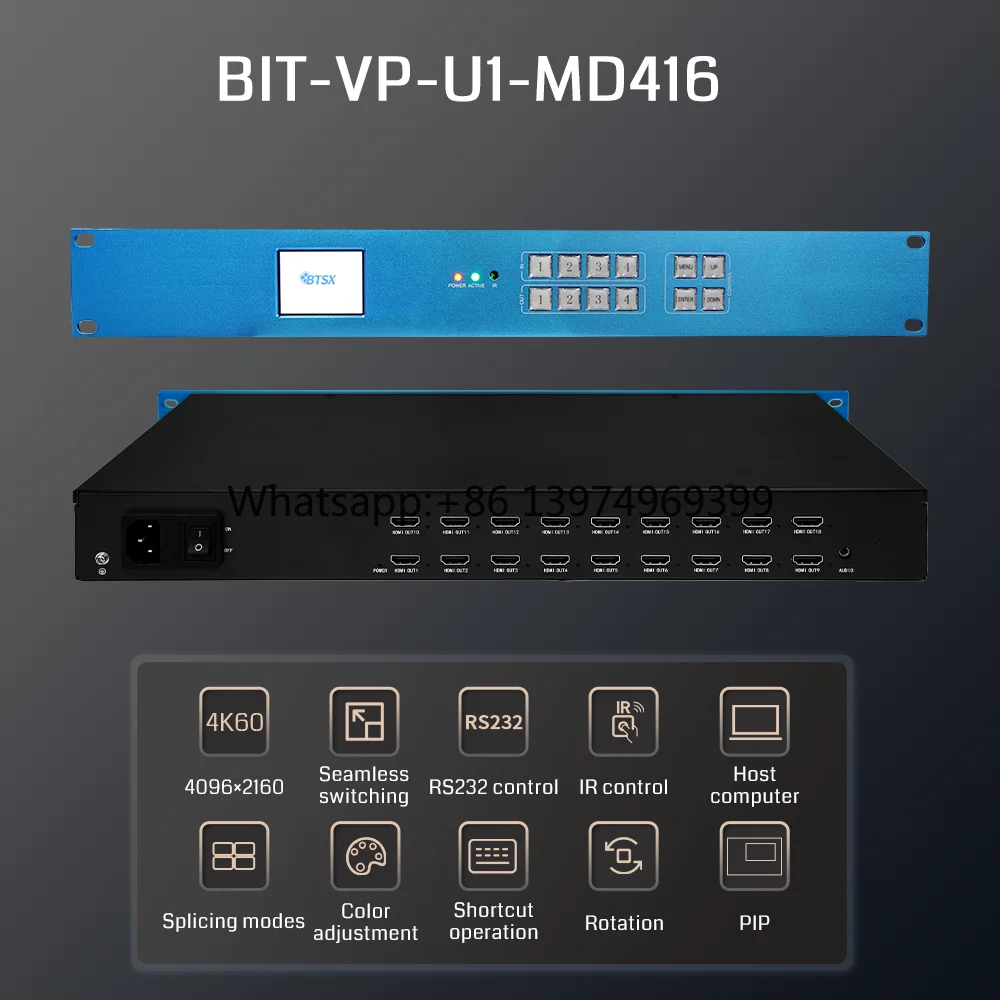 Seamless Switching Video Processor 4K60 4 in 16 Out, 3X5/4X4 Video Wall Controller, Dual LAN Remote, Commercial Display