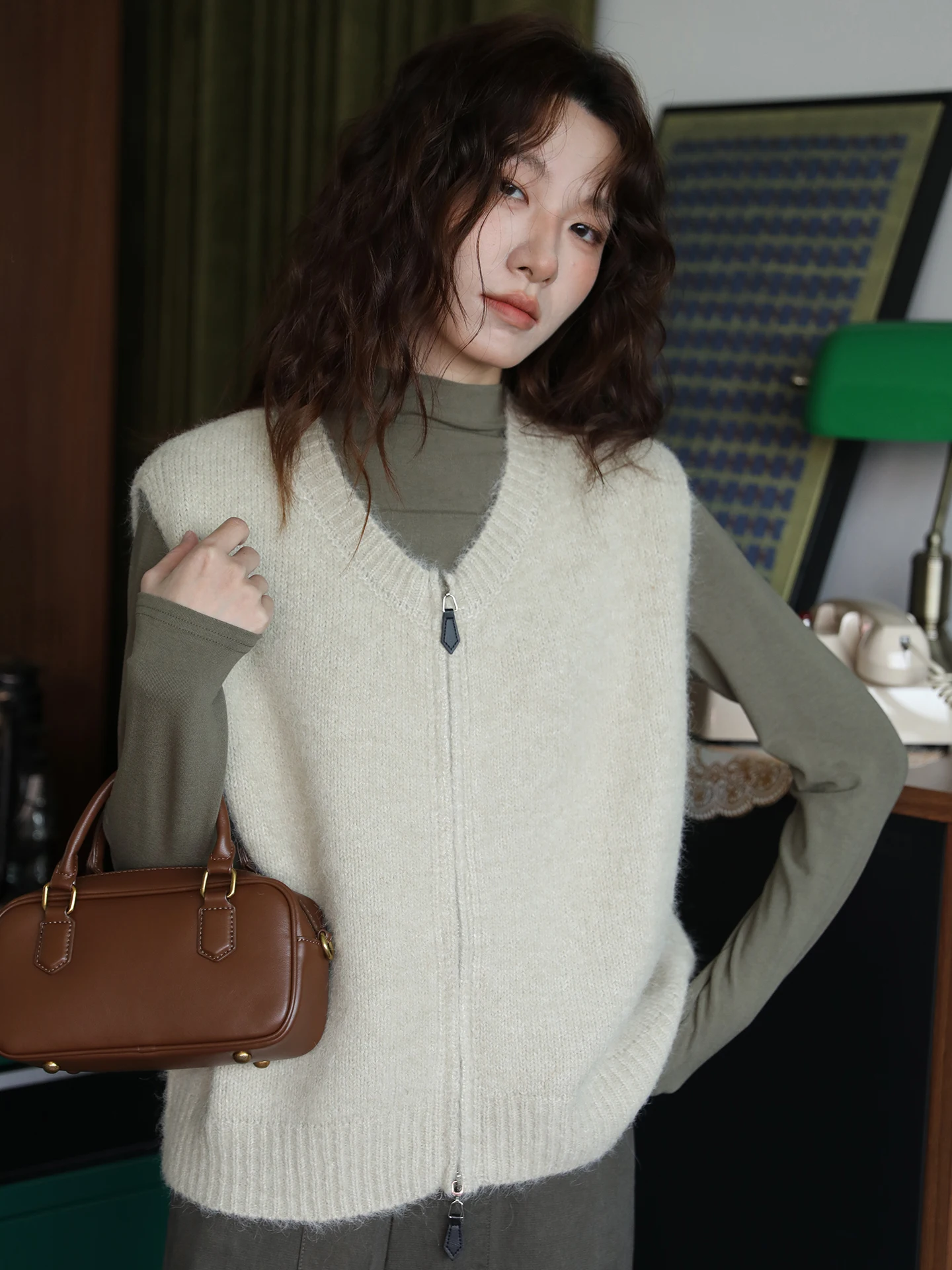 

Модный женский вязаный жилет с двойной молнией и круглым вырезом, многофункциональная верхняя одежда в стиле кэжуал