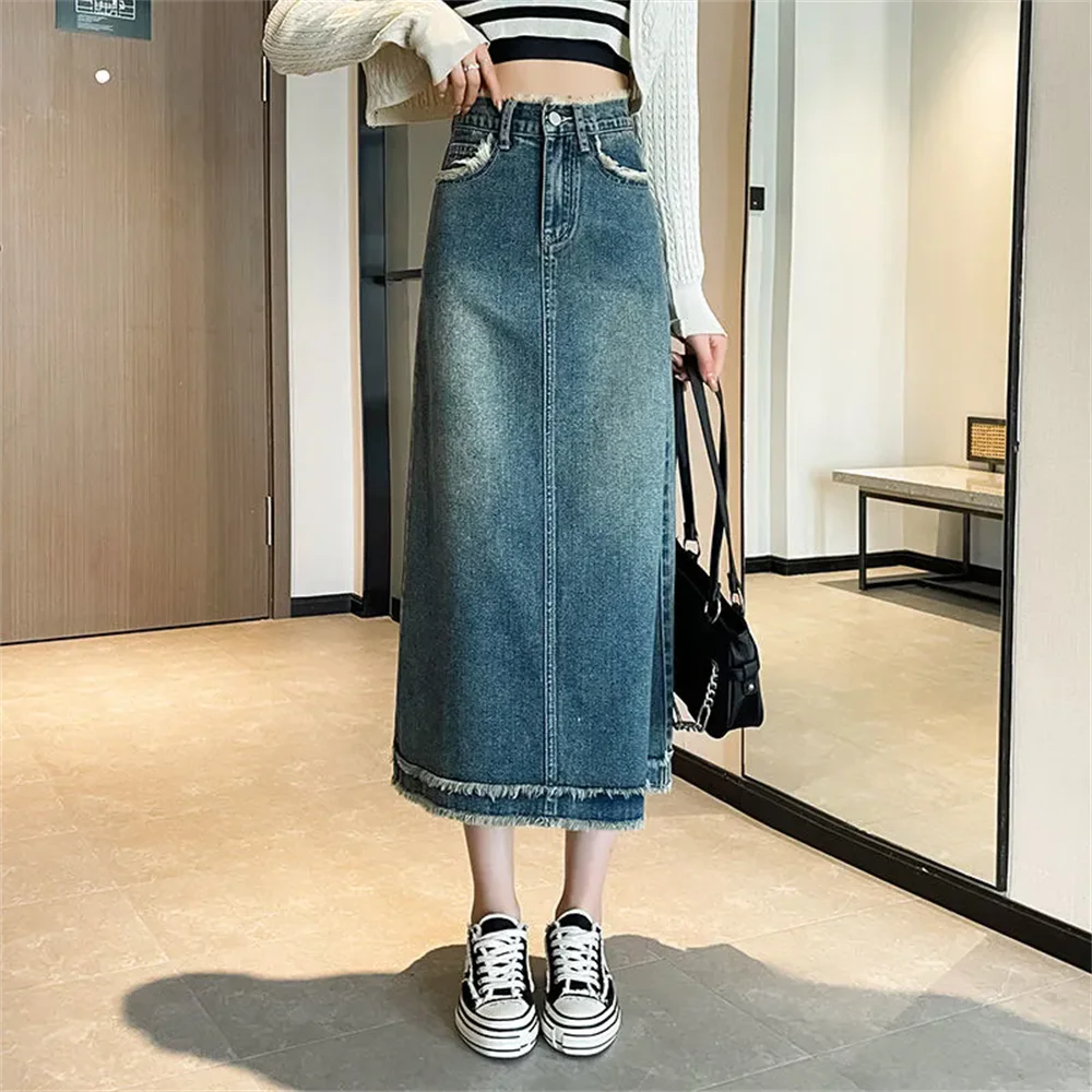 

Versatile Mid-Length Denim Skirt Womens Y2k Sexy Fashion Streetwear Jean Skirt Women High Waist Retro Slimming A- line Skirt