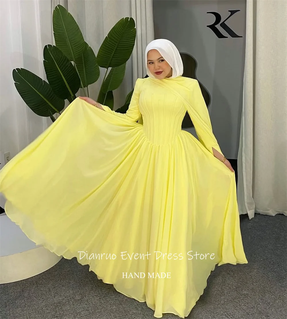 Dianruo robe De soirée en mousseline De soie jaune musulman col rond plissé longues robes De bal modeste une ligne arabie robes De Fiesta personnalisé