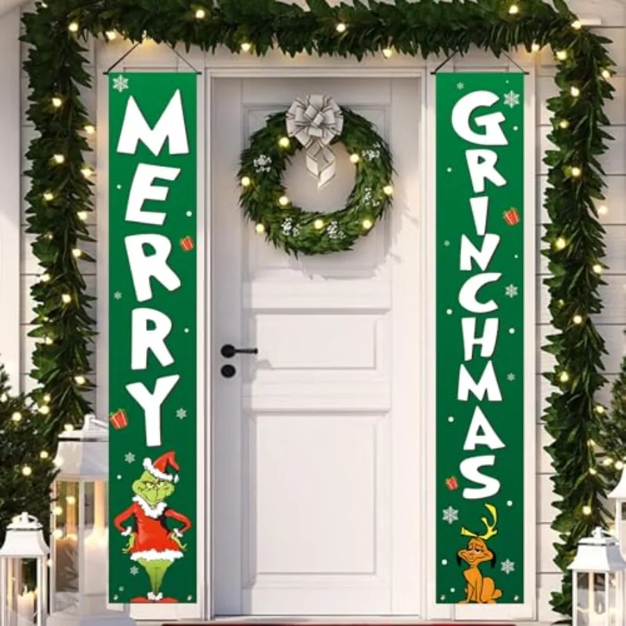 

Christmas Decorations Outdoor Yard: Cute Green White Front Porch Sign Set, Funny Thief Christmas Door Banner, Merry Grinchmas D