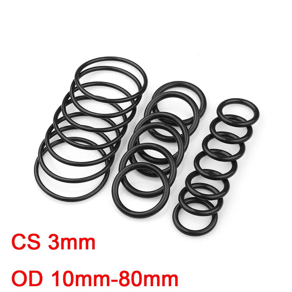 

10pcs Black NBR O Ring Seal Gaskets Thickness CS 3mm OD 10mm-80mm Nitrile Rubber O-Rings Waterproof Oil Resistant Sealing Washer