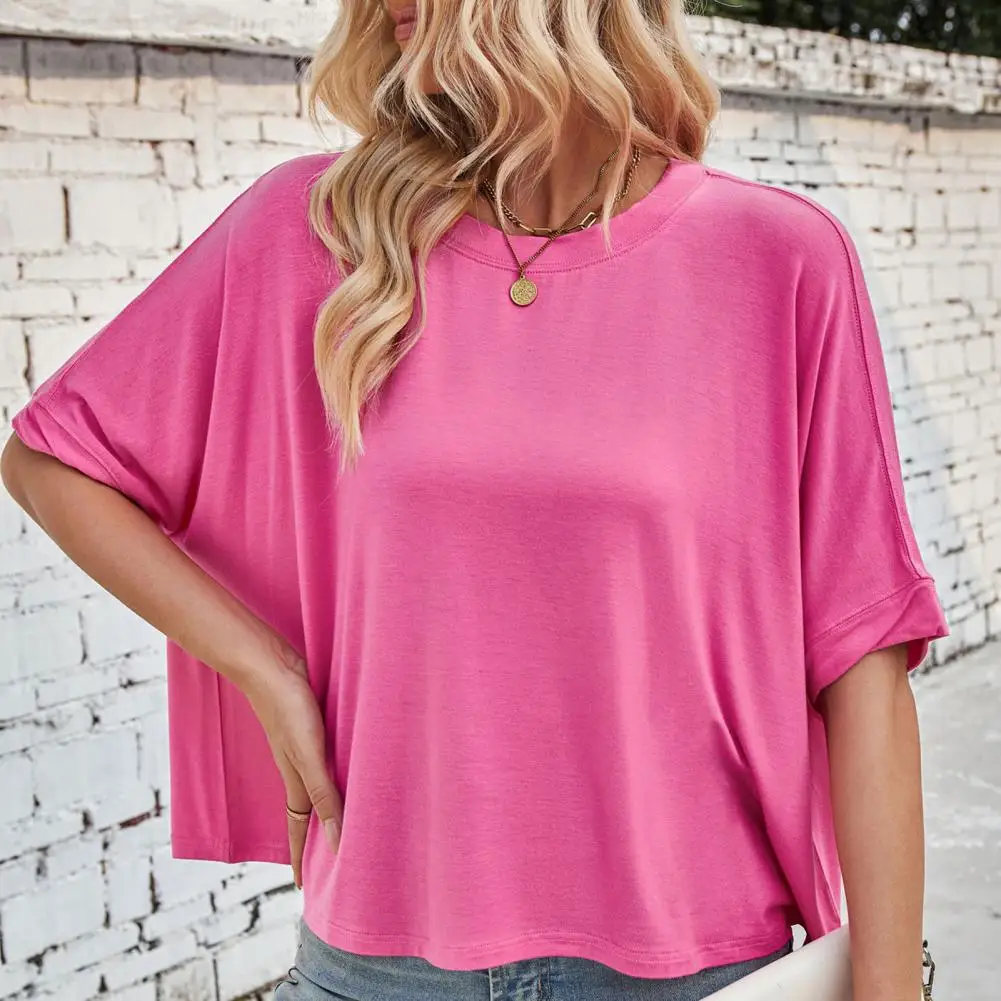 

Bat Sleeve T-shirt Stylish Women's Batwing Sleeve Summer T-shirt in Solid Colors Loose Fit Casual Tee for Daily Wear Round for A