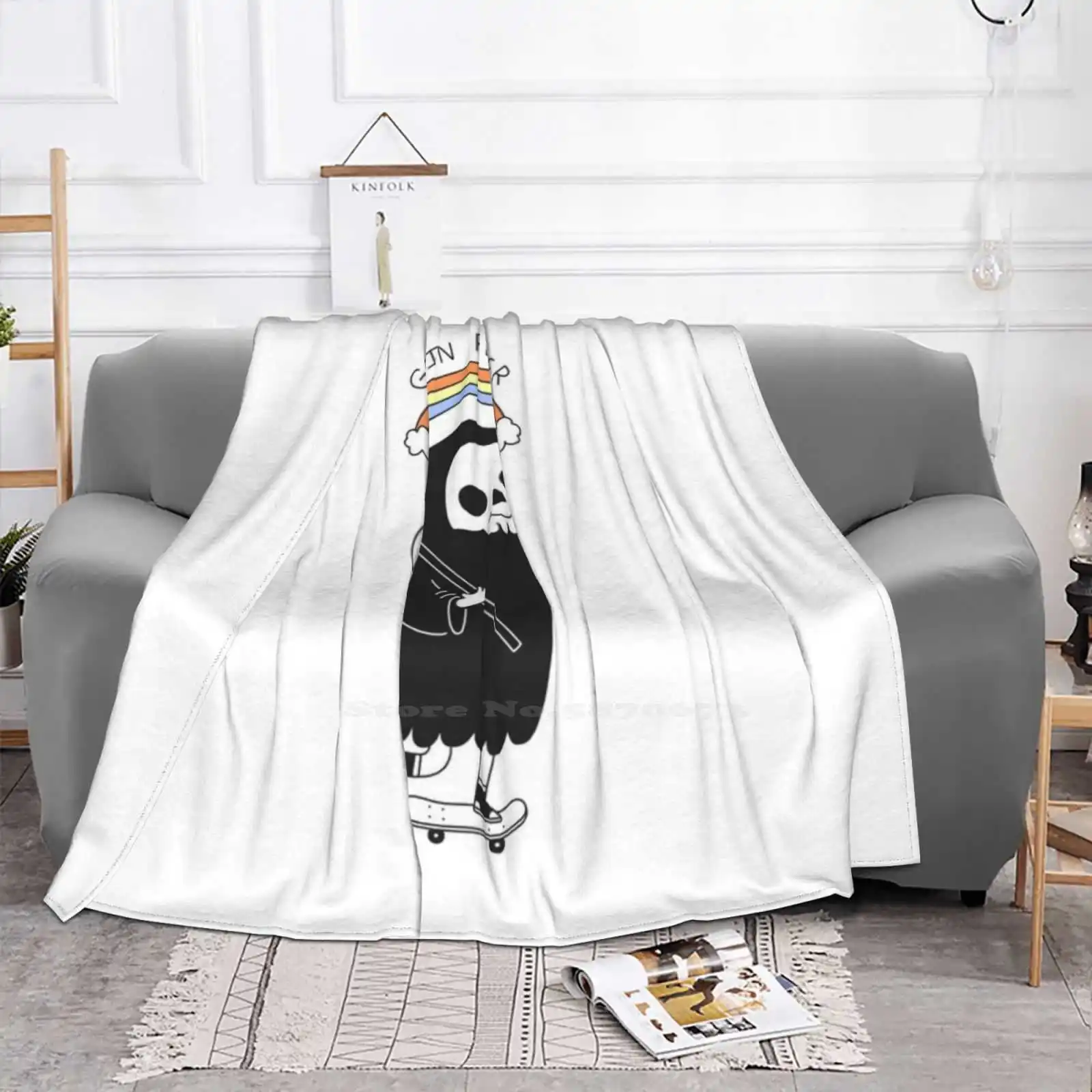 Grin Reaper New Selling Custom Print Flannel Soft Blanket Grim Reaper Death Funny Cute Rainbow Grin Black Skateboard Cool Smile