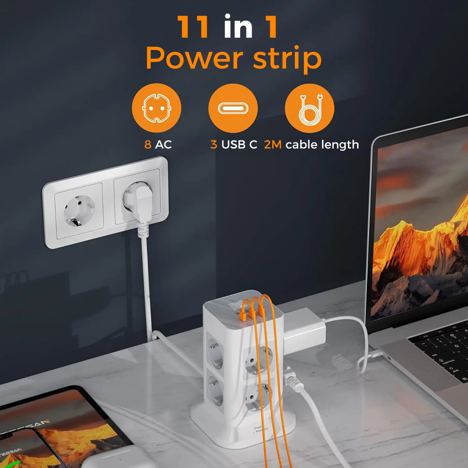 شريط طاقة متعدد لبرج تيسان مع 8 منافذ تيار متردد 3 من النوع C 1700J مقبس برج عمودي للحماية من الطفرة مع كابل 2 متر ذكي أسطواني متعدد التاباب