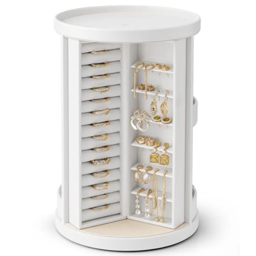 360Rotating Jewelry Box, Earring Organizer Large Vertical Jewelry Organizer with 6 Necklace Hooks, Open Ring Display Storage f