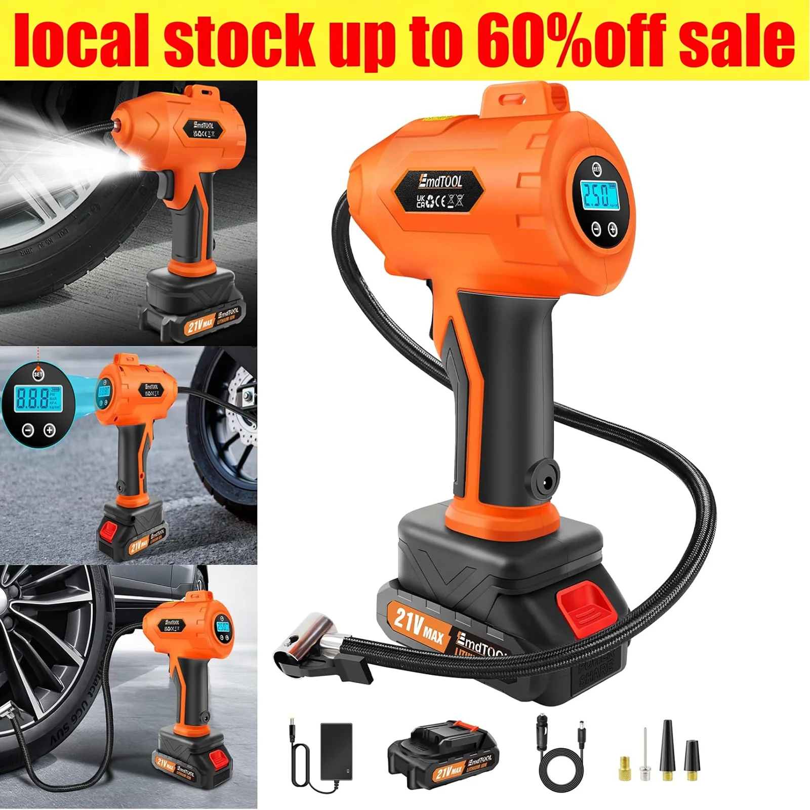 Inflador de Neumáticos Portátil de 21V, Compresor de Aire Inalámbrico, Bomba Eléctrica de 180 PSI con Manómetro Digital, Apto para Autos, Motos y Bicicletas