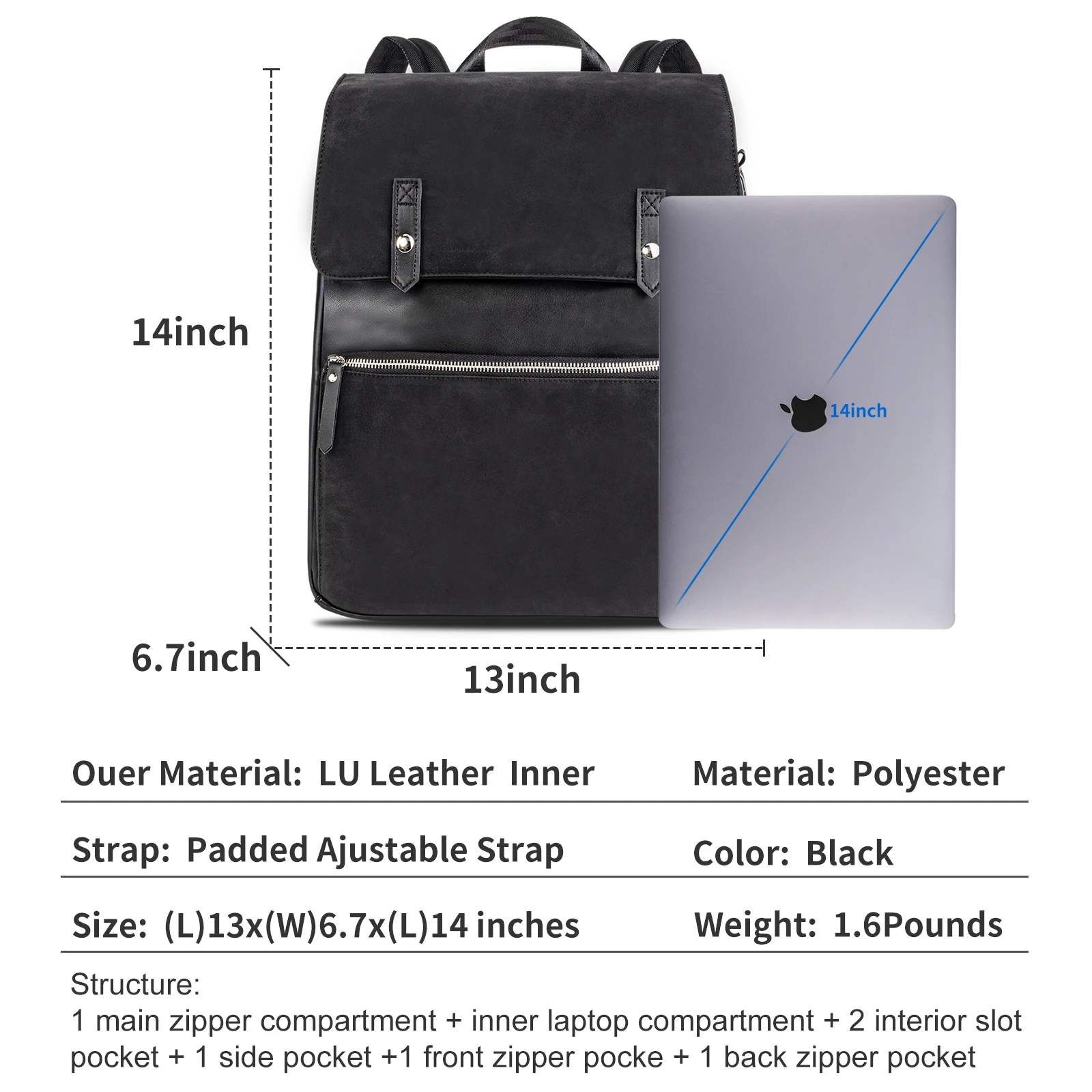 Mode Vrouwen Hoge Kwaliteit Rugzak Grote Capaciteit 14 Inch Zwarte Multipockets Reizen Werk Schouder Schooltassen