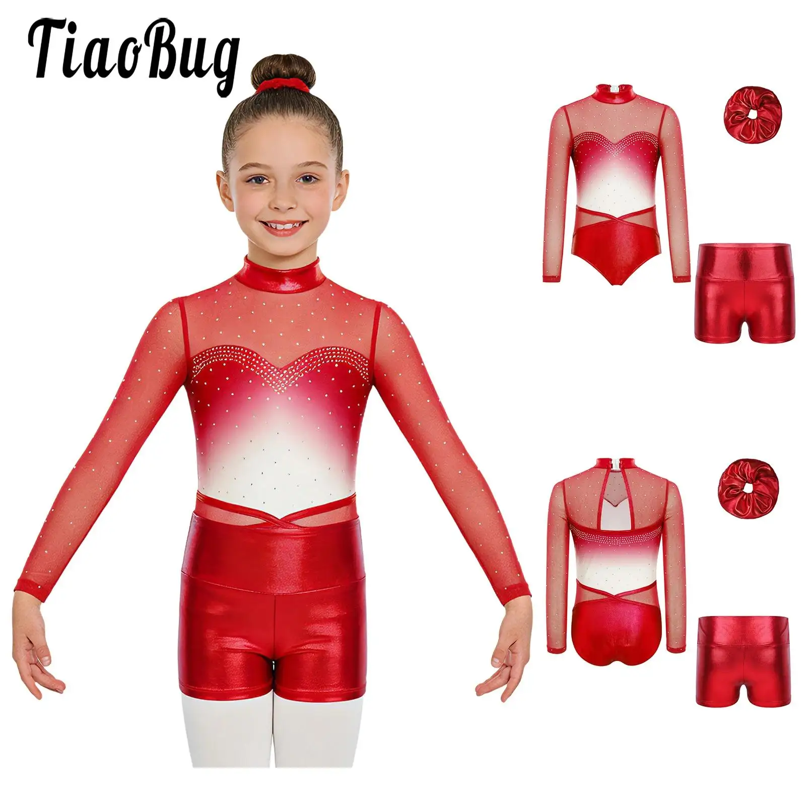 

Kids Girls Acrobatics Dance Figure Skating Gymnastics Workout Outfits Long Sleeve Rhinestones Mesh Leotard Shorts And Hairband