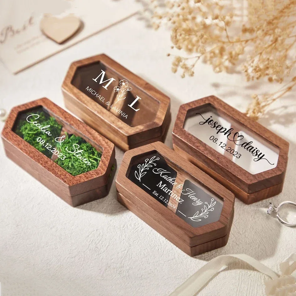 Personalized Wooden Ring Box with Acrylic Cover Custom Engraved Engagement Ring Holder Unique Wedding Ceremony and Proposal Gift