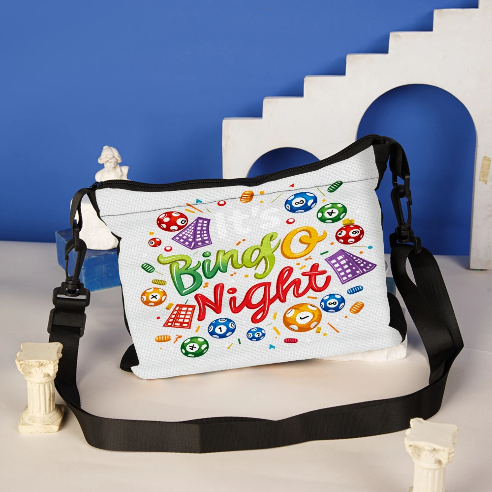 1pc Bingo Night Crossbody Bag White Color With Colorful Bingo Balls And Cards Pattern Shoulder Bags For Party Game Events And Ca