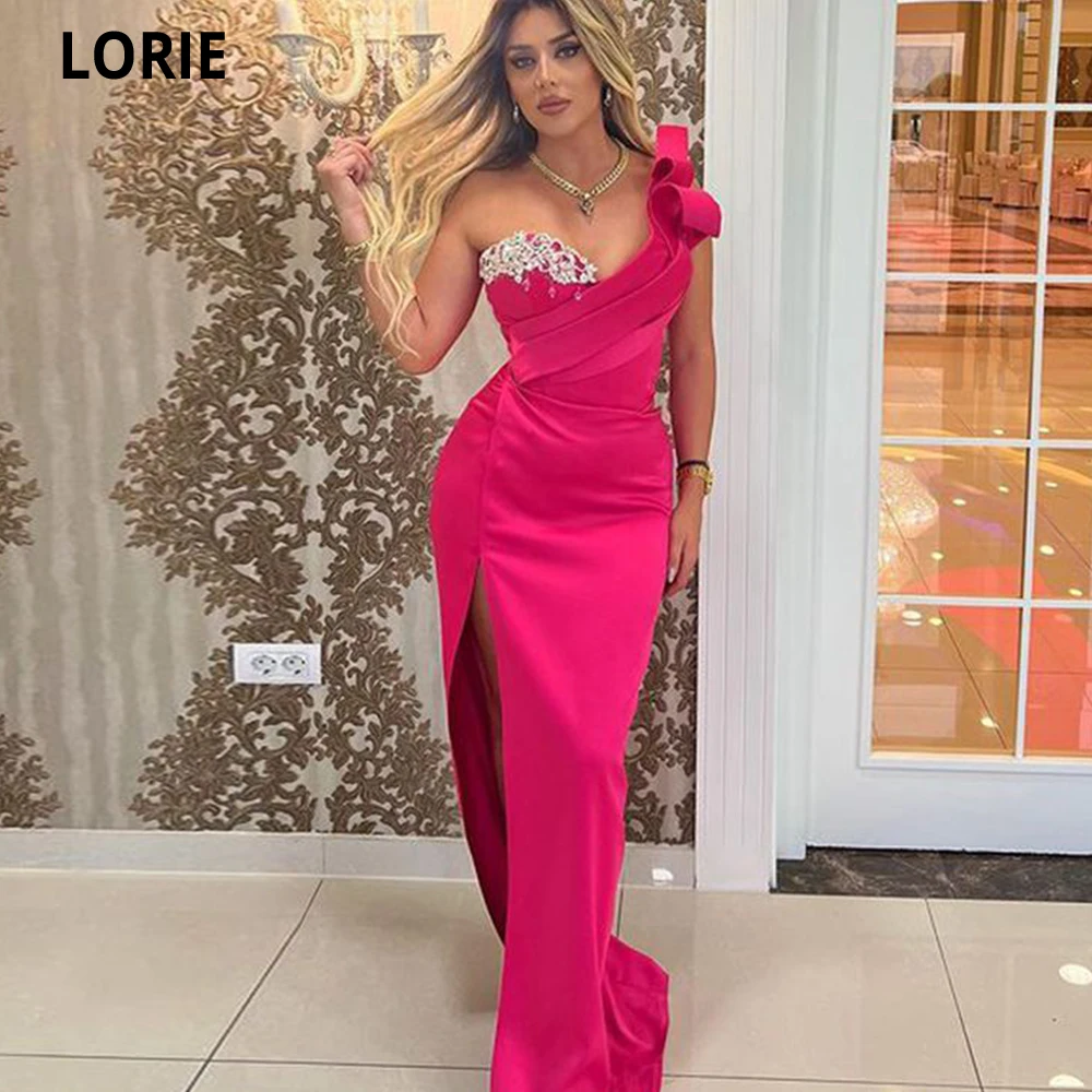 

LORIE Fuchsia Evening Dresses 2022 High Leg Slit One Shoulder Stain Mermaid Appliques Long Prom Dress Formal Vestidos De Noche