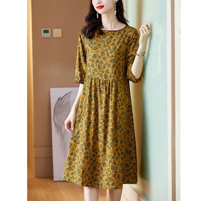 

ZUOMAN Summer Floral Mulberry Silk Mid Dress Women Vintage Casual Yellow Print Dress Elegant Bodycon Party Vestidos