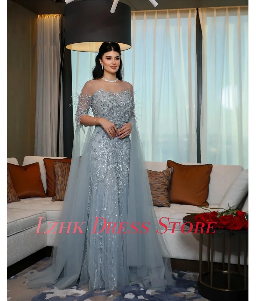 Maßgeschneiderte exquisite Organza A-Linie Pailletten Applikationen Abendkleid Temperament lange Ärmel O-Ausschnitt maßgeschneiderte Anlasskleider