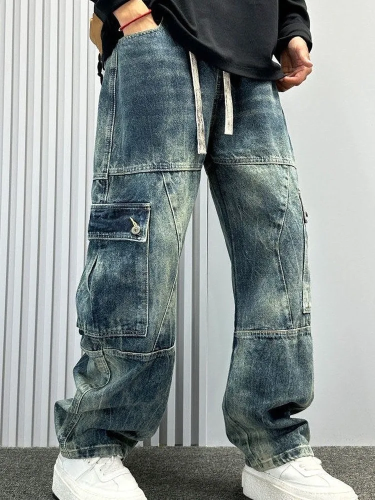 American High Street Style Vintage round Moon Knife Jeans Men's New Fashion Loose Straight Multi-Pocket Workwear Pants