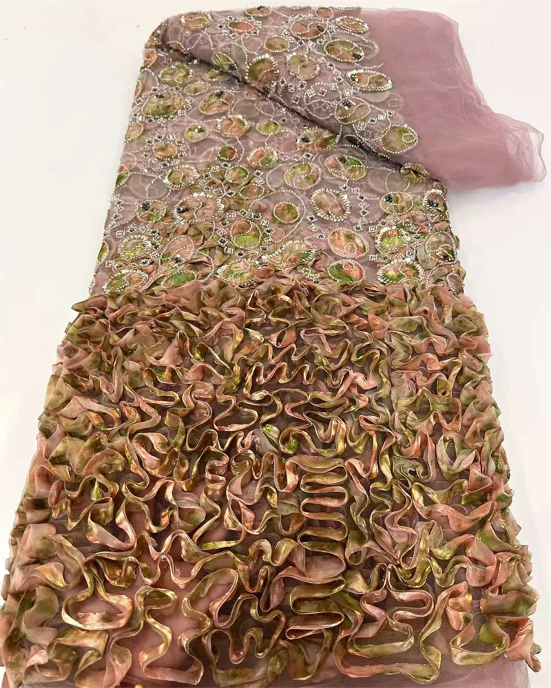 Afrikanischer handgefertigter Perlen-Tüll-Spitzenstoff mit Pailletten und Perlen für Brautparty-Kleider im französischen Stil, Netzperlen-Spitze, Ma