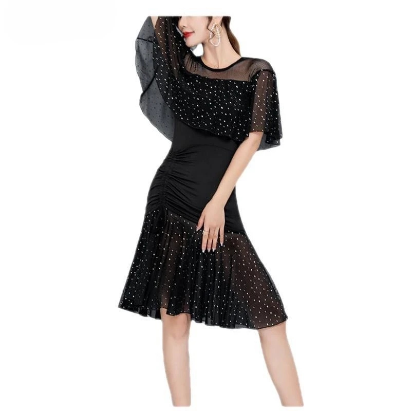 Women Sexy Latin Dance Dress Set Adult Ballroom Salsa Rumba Bodycon Short Sleeve Dress Suit Lady Elegant Dress Goddess Clothing