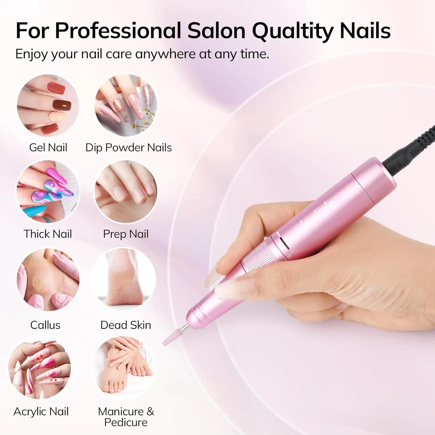 Lime à ongles électrique rechargeable sans fil, 35 000 tr/min, professionnelle pour vernis acrylique et gel, rose