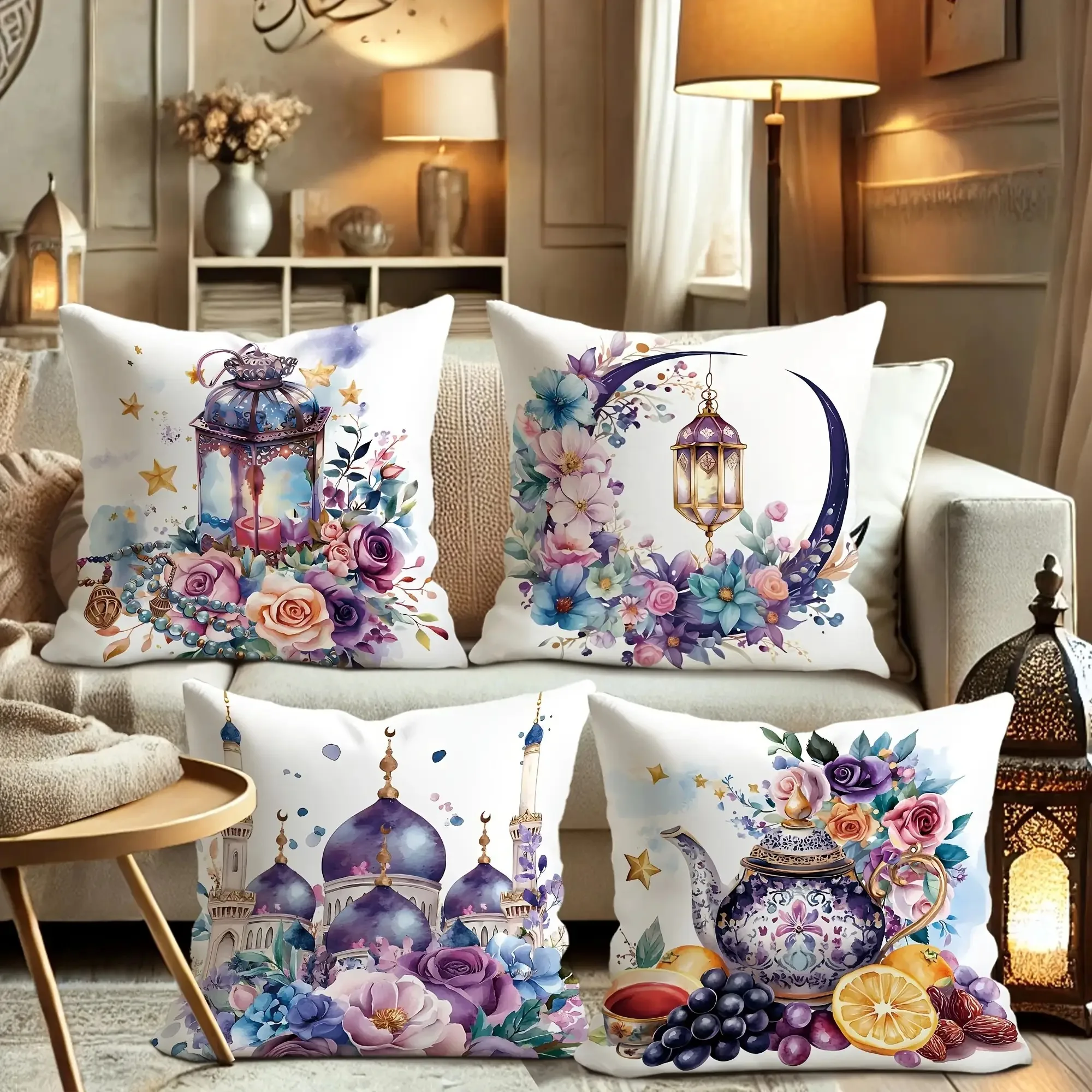 

Elegant Ramadan & Eid Pillowcase Set, Watercolor Lantern, Mosque & Floral Pattern Decorative Cushion Cover for Home Sofa Bedroom