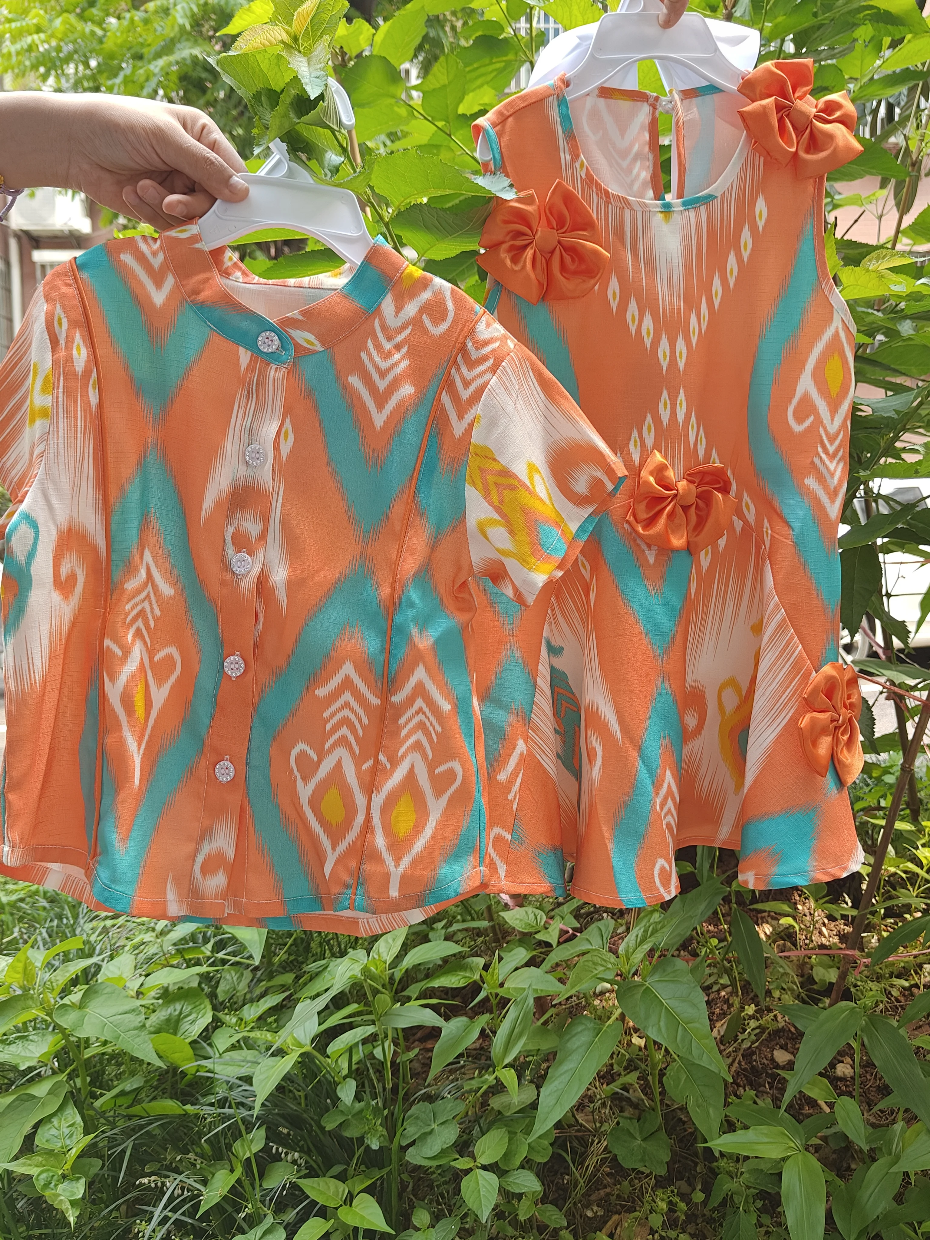 0-9 Months Baby Girl Ethnic Dress, Orange Blue Contrast Color Princess Dress with 3D Bows, Newborn Baby Summer Outfit