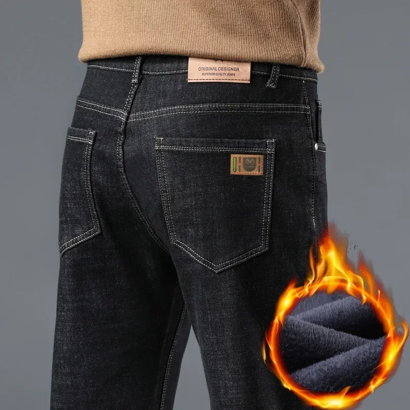 

Pop Winter Thermal Business Fleece Jeans Men's Thicken Casual Straight Elastic Male Velvet Pants Classic Trousers Size 28-40