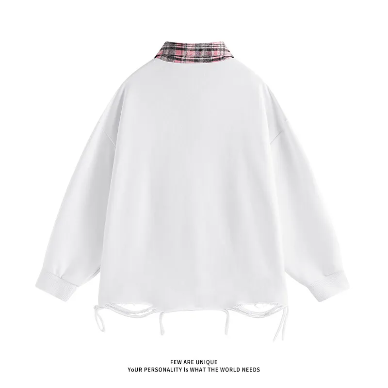 Plaid Collars Long-sleeve Polo Shirts Retro Chic Ripped Details Sweatshirt Street Style Outfits Loose Casual Wear for Men Women