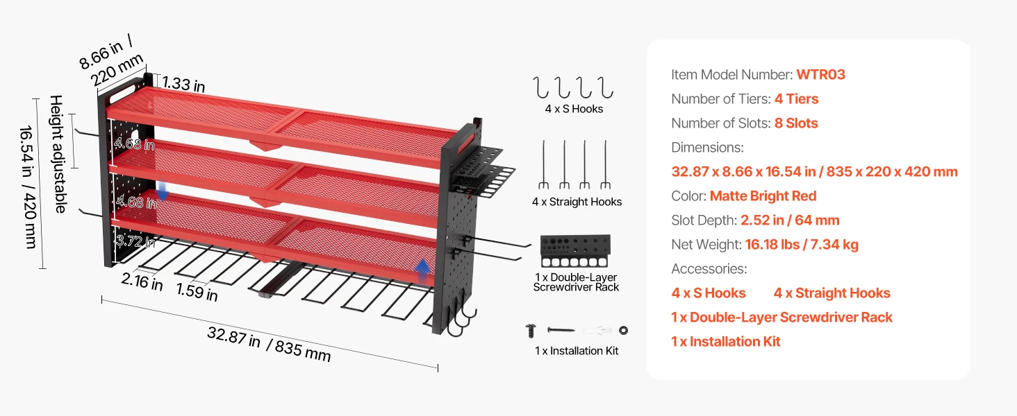 SucceBuy 4-Layer Hand Power Tool Organizer Rack Wall Mounted Pegboards Electric Drill Storage Holder for Garage Workshop