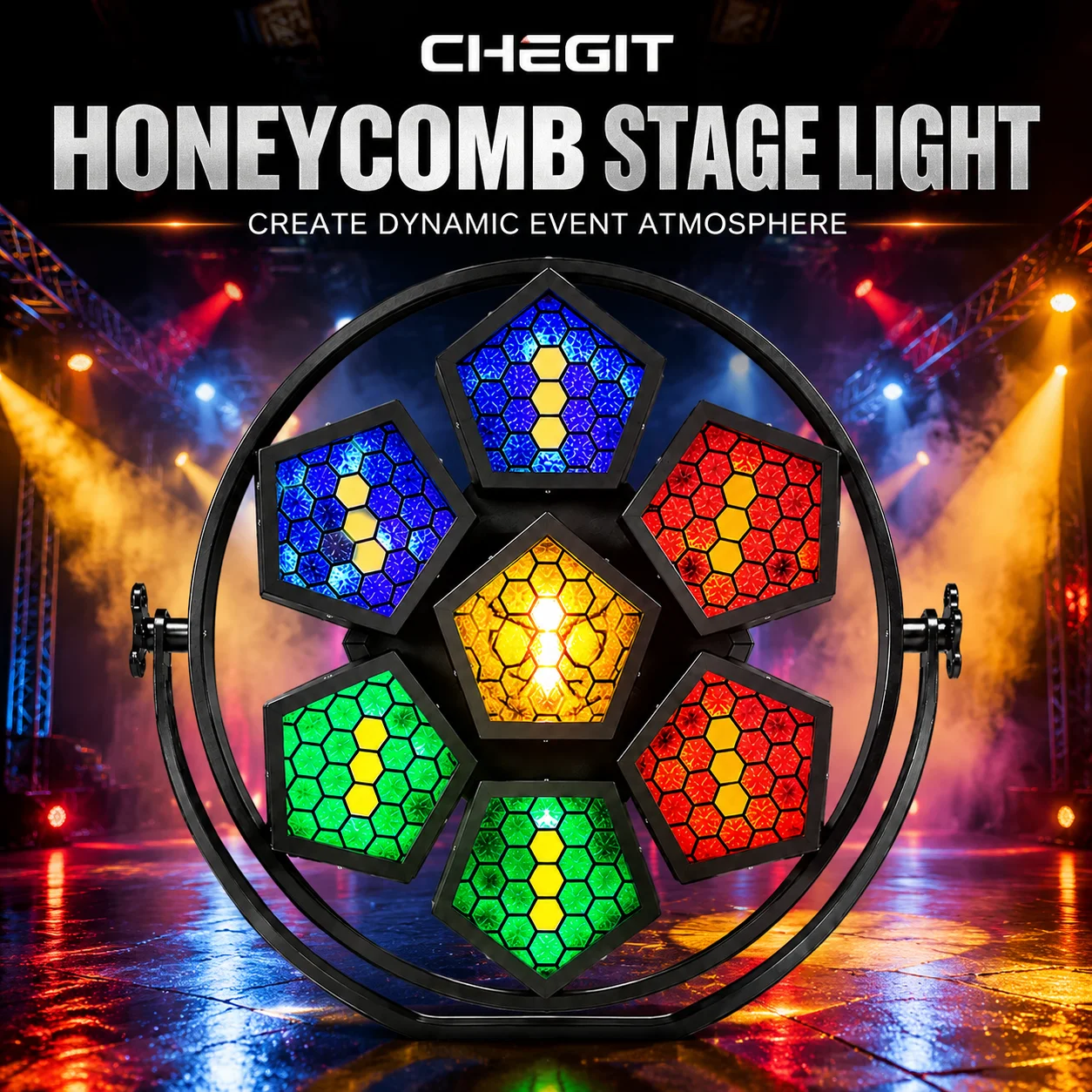 CHEGIT Projecteur de scène LED RGB 7 yeux en nid d'abeille, effet nid d'abeille hexagonal, lampe DMX à activation sonore, lumière stroboscopique, écla