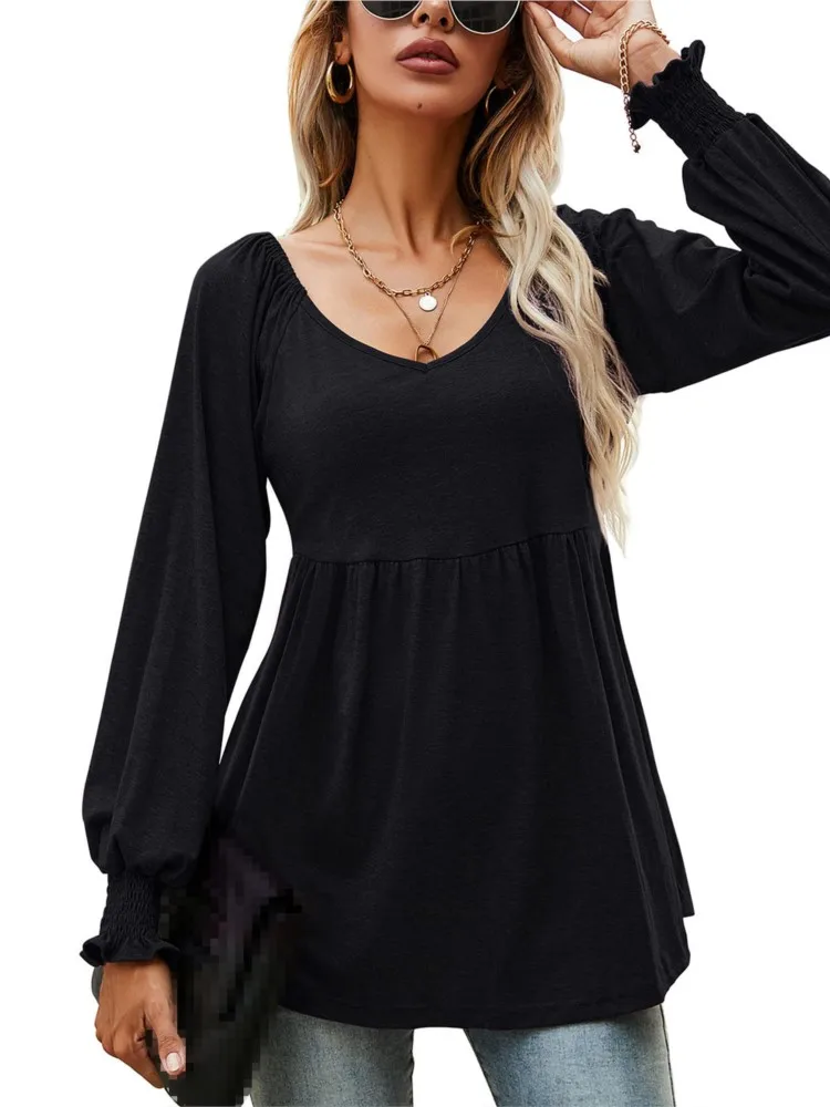 Women's Autumn Winter New Sexy V-neck Solid Color Fashionable Bubble Long Sleeved Waistband Casual Top T-shirt