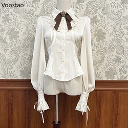 Victorian Gothic Lolita Shirts Women Japanese Vintage Y2k Ruffles Gigot Sleeve Slim Blouses Female Elegant Sweet Princess Shirts