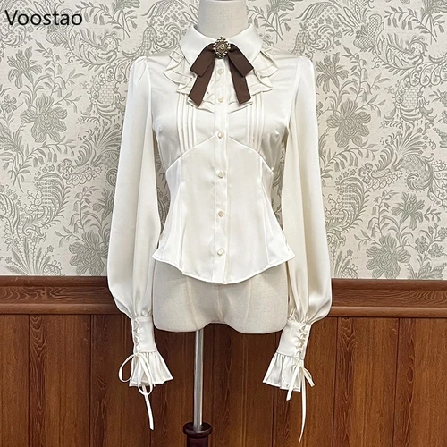 Camisas góticas victorianas de Lolita para mujer, blusas ajustadas de manga Gigot con volantes Vintage japonés Y2k, camisas elegantes de princesa dulce para mujer