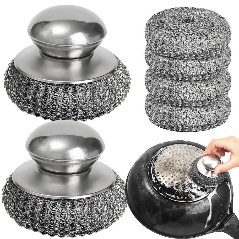 3Pcs Stainless Steel Steel Dish Scrubbers Cookware Accessory With Handle Kitchen Cleaning Brush Comfortable Round