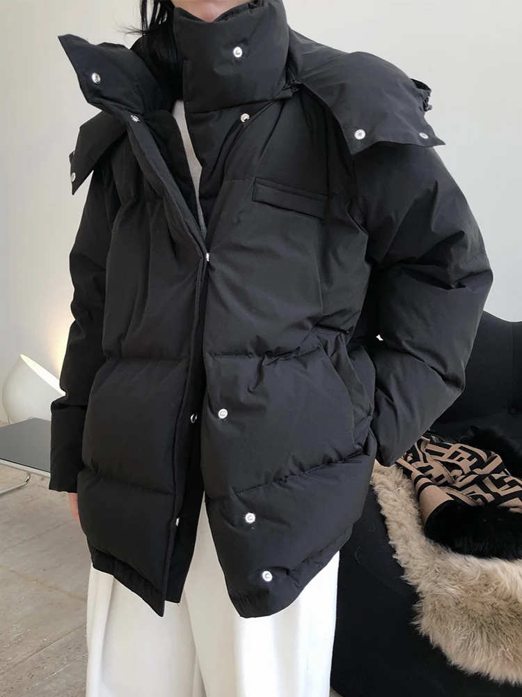 Simple Black Hooded Bread Down Coats for Men Women Loose-fit Casual Fluffy Warm White Duck Down Jacket Winter Women's Clothing