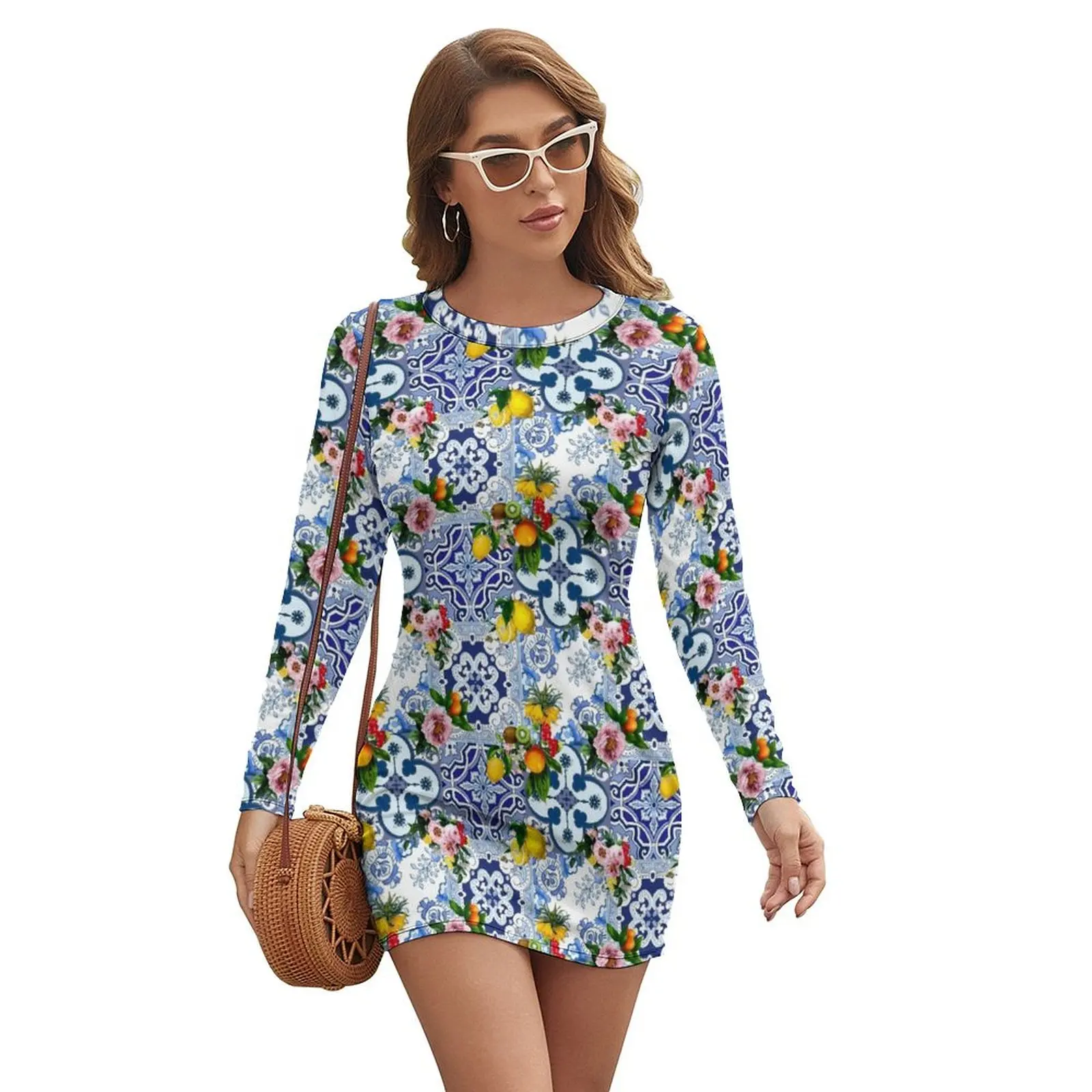 

Sicilian tiles,mediterranean,blue tiles ,lemons Long-sleeved Dress Woman clothes prom clothes