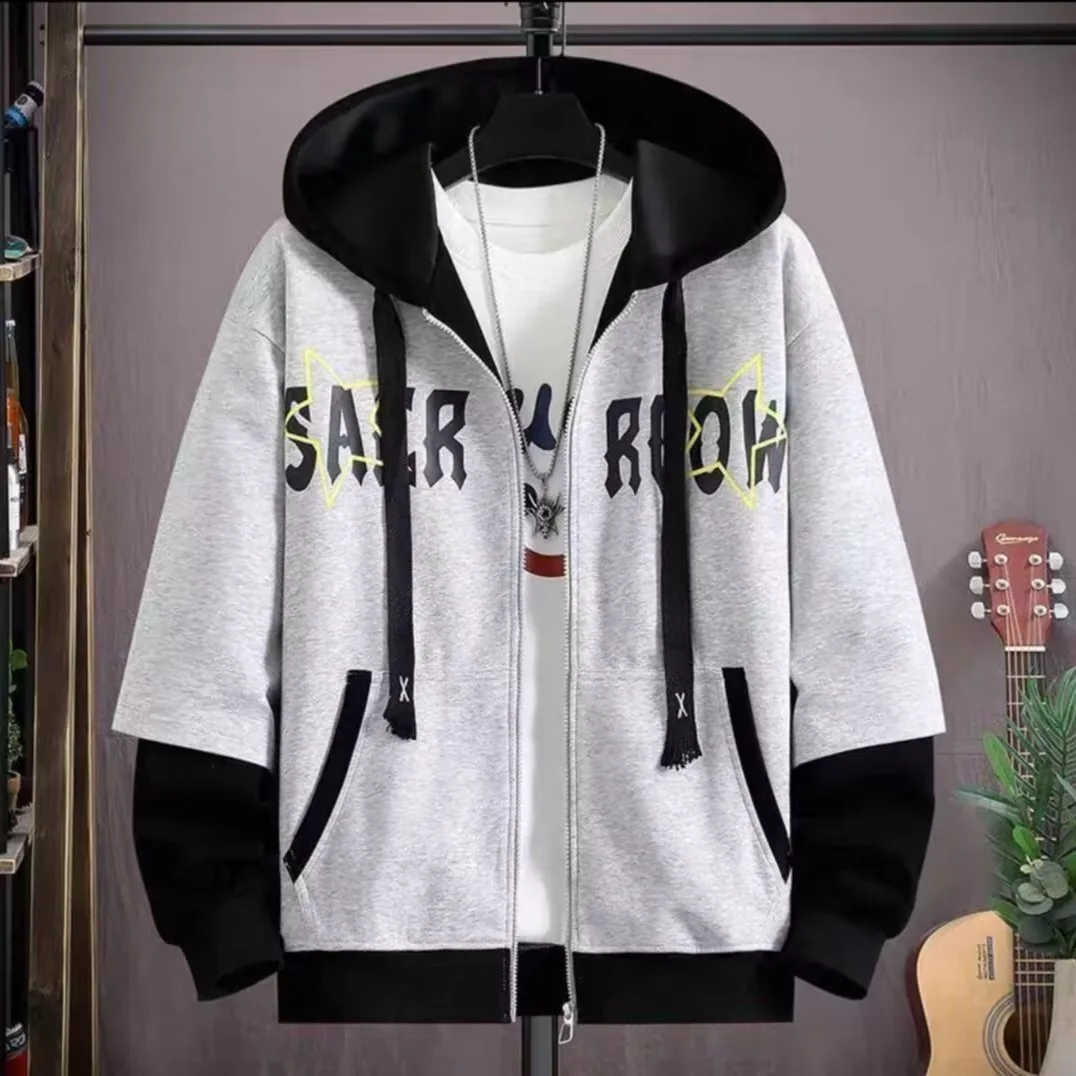 

Spring and Autumn outerwear men's new trendy brand contrasting color top casual hooded jacket men's youth clothing