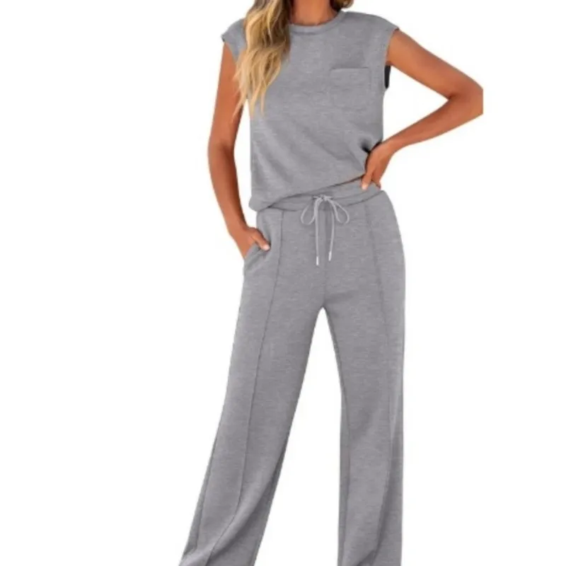 

Casual High Waist Sleeveless Women's Set New Pure Color Vest Pocket Top & Trousers Elegant Two-Piece Sets Polyester Fiber