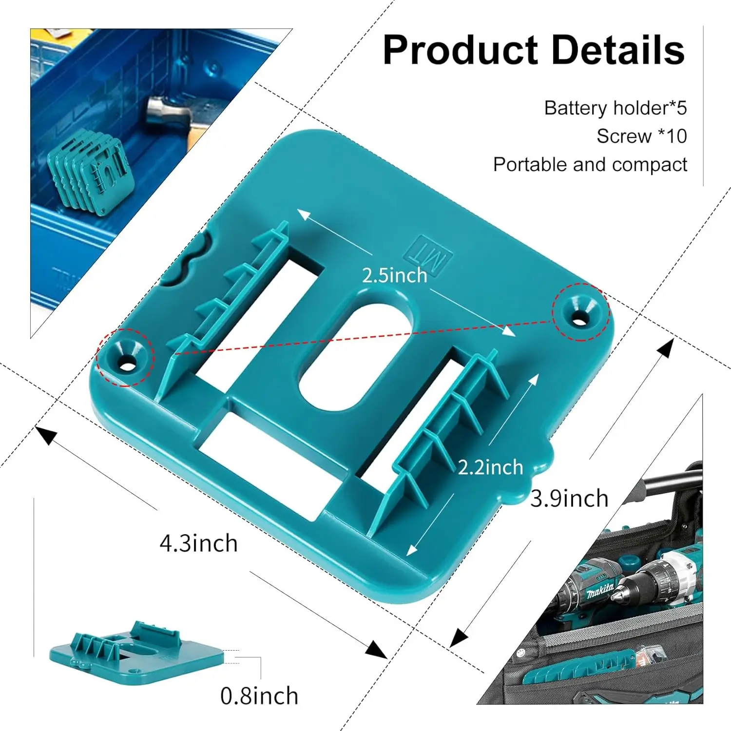 5PCS Battery Holder Storage Rack for  Makita/Dewalt/Milwaukee14.4V 18V Li-ion Battery,Wall Mount Battery Dock for Makita