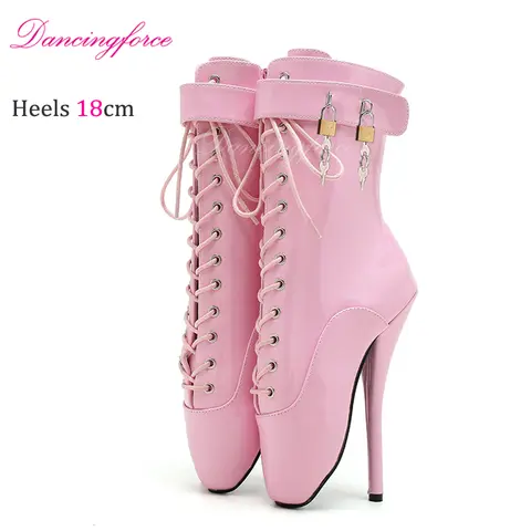 Baby PInk 18cm Sexy Ankle Ballet Boots Lady Lace Up Round Toe Super High Heels Shoes Women Big Size Boots
