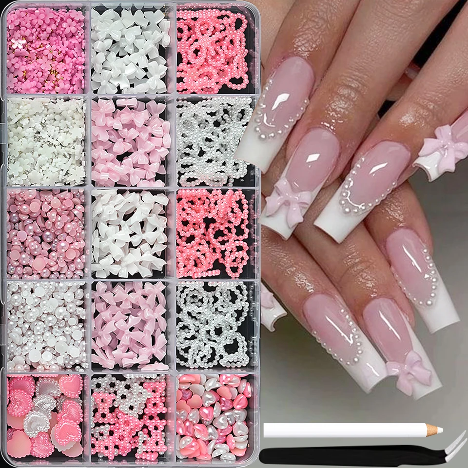 1 caja serie rosa y blanco lazo corazón encantos de uñas 3D decoraciones de arte acrílico perla flor de 5 pétalos accesorios de manicura* 4