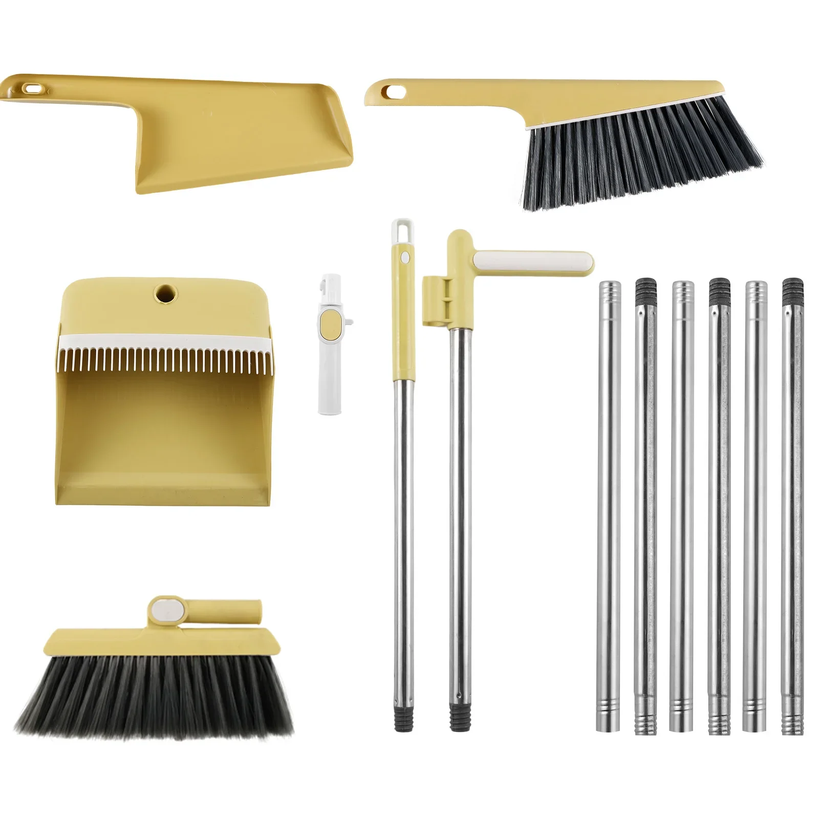 4Pcs Broom and Dustpan Set with Long Handle Stainless Steel Broom Dustpan Combo with Desktop Cleaning Brush Set 51.2 Inch