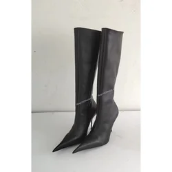 Black Real Leather Knee High Zipper Boots Pointed Toe Thin High Heel Cool Fashion Sexy Winter 2024 Woman Shoes Zapatillas Mujer