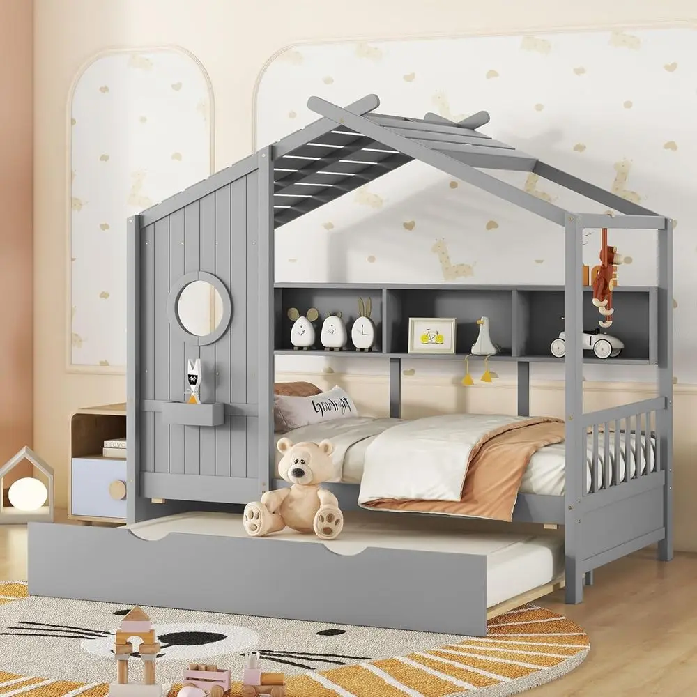 

Gray Twin Daybed with Trundle and Bookshelf, No Box Spring Needed for Kids