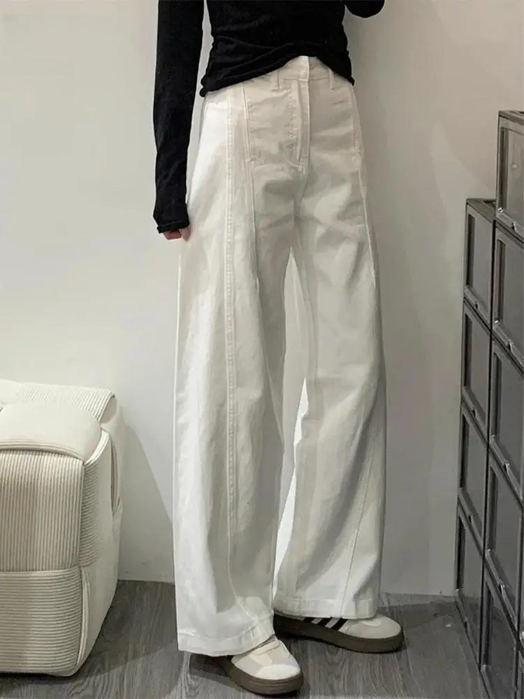 

Women White High Waisted Wide Leg Denim Pants Spring and Summer Slim Fit Denim Pants Straight Tube Loose Casual Pants