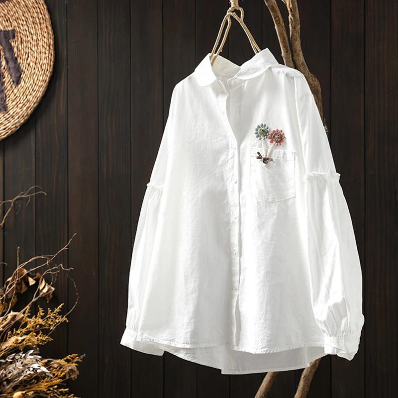 Spring Sweet Hand Embroidered Flower Loose Long-sleeved Shirt Camisa Women Clothing White Color Female Tops Blusen Damen U272