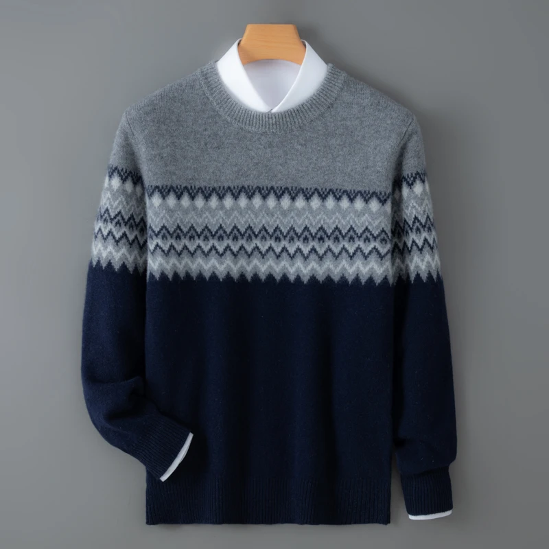 Men'S 100% Wool Sweater Round Neck Pullover Knit Autumn and Winter Fair Isle Pattern Thickened For Warmth Base Layer