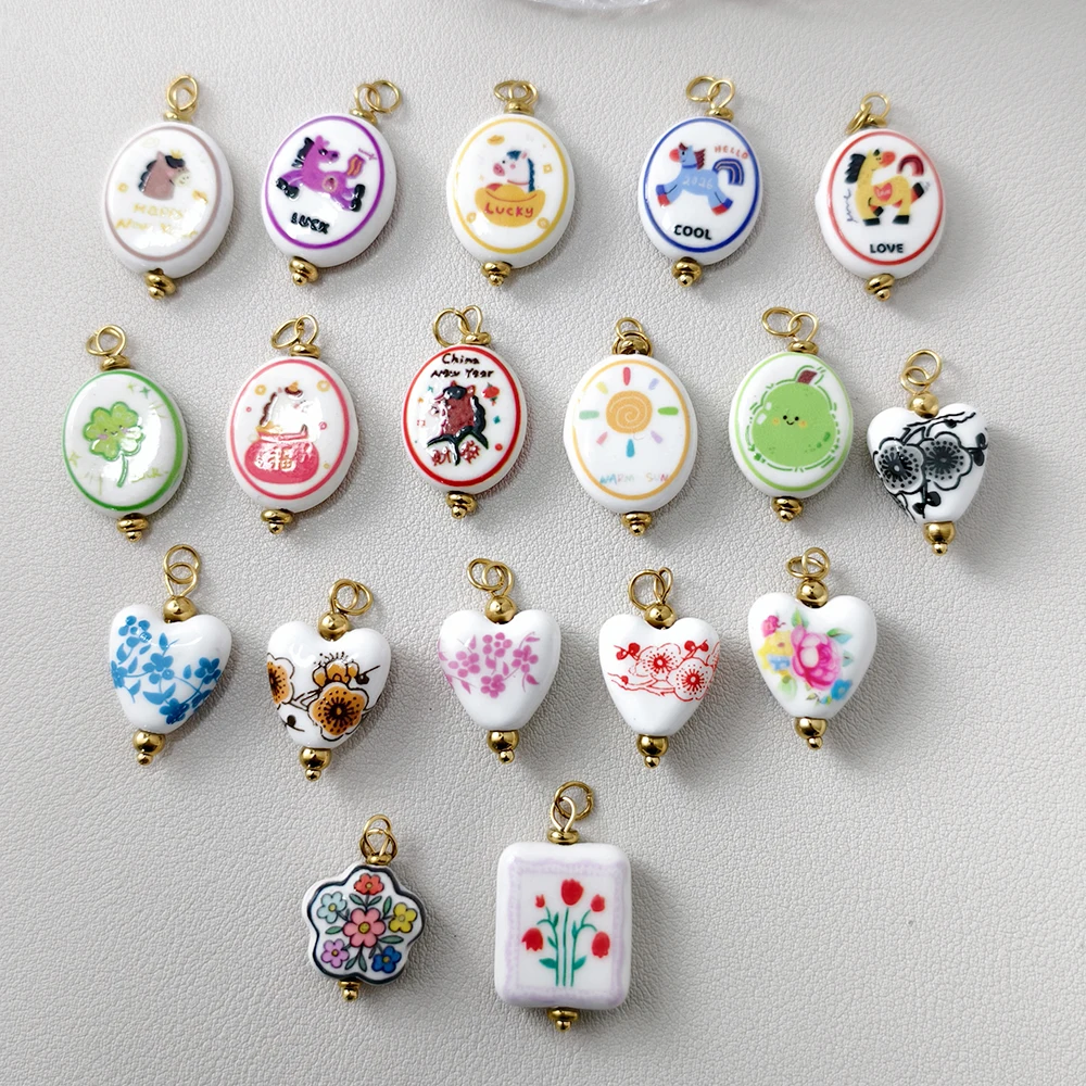 Y2k Art Ceramic Charms Oval Heart Shape Multicolor Enamel Animal Horse Floral Pendants Unique Waterproof Jewelry