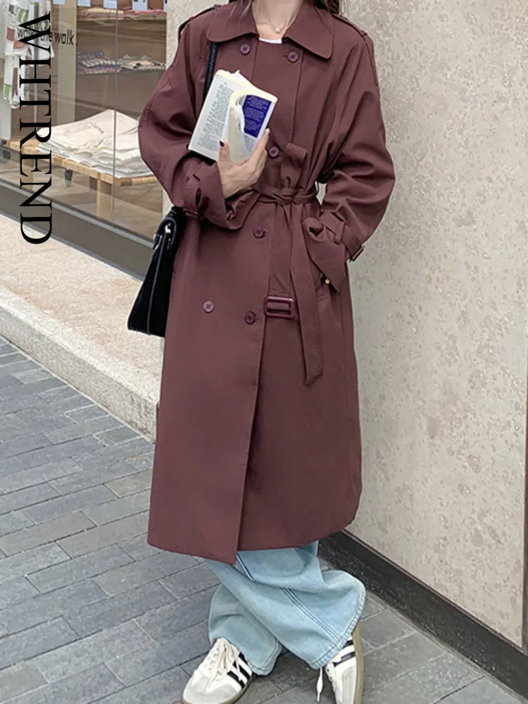 

WHTREND Autumn New Ankola Red Long Trench Coat For Women Lapel Belt Gathered Waist Female Fashion Windbreaker Jacket WH1571