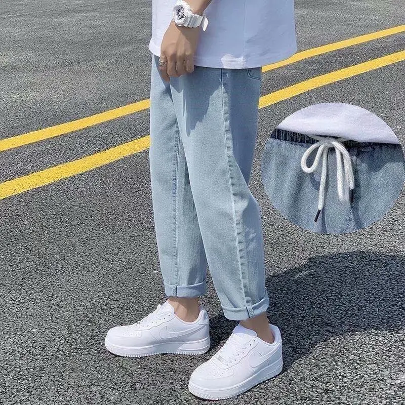 Trendy Light-Colored Men's Straight Leg Jeans Loose Fit Korean Style Autumn New Elastic Waist Nine-Piece Casual Pants